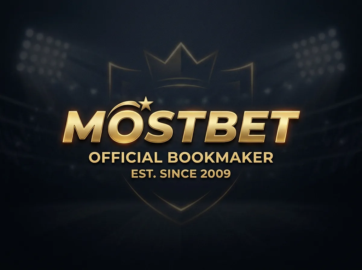 Логотип Mostbet — золотые буквы на тёмном фоне, официальный букмекер